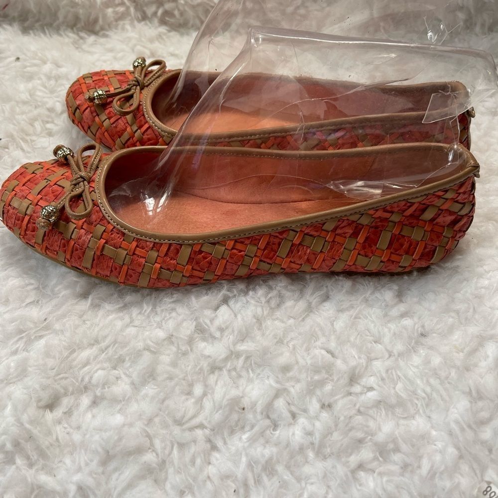 Elliott Lucca leather orange and tan woven ballerina flats with front bow SZ9 - Picture 2 of 12
